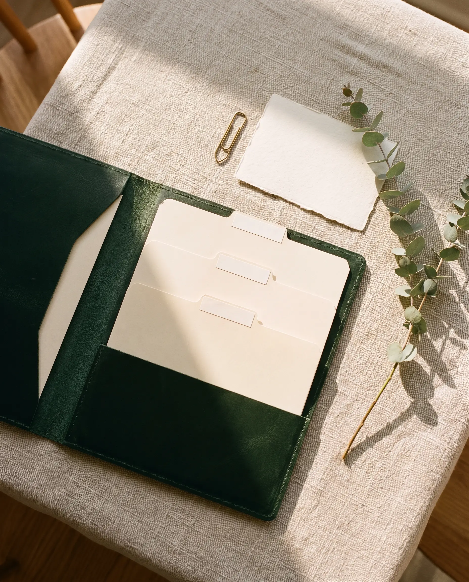 One open folder holding three neatly aligned dossiers