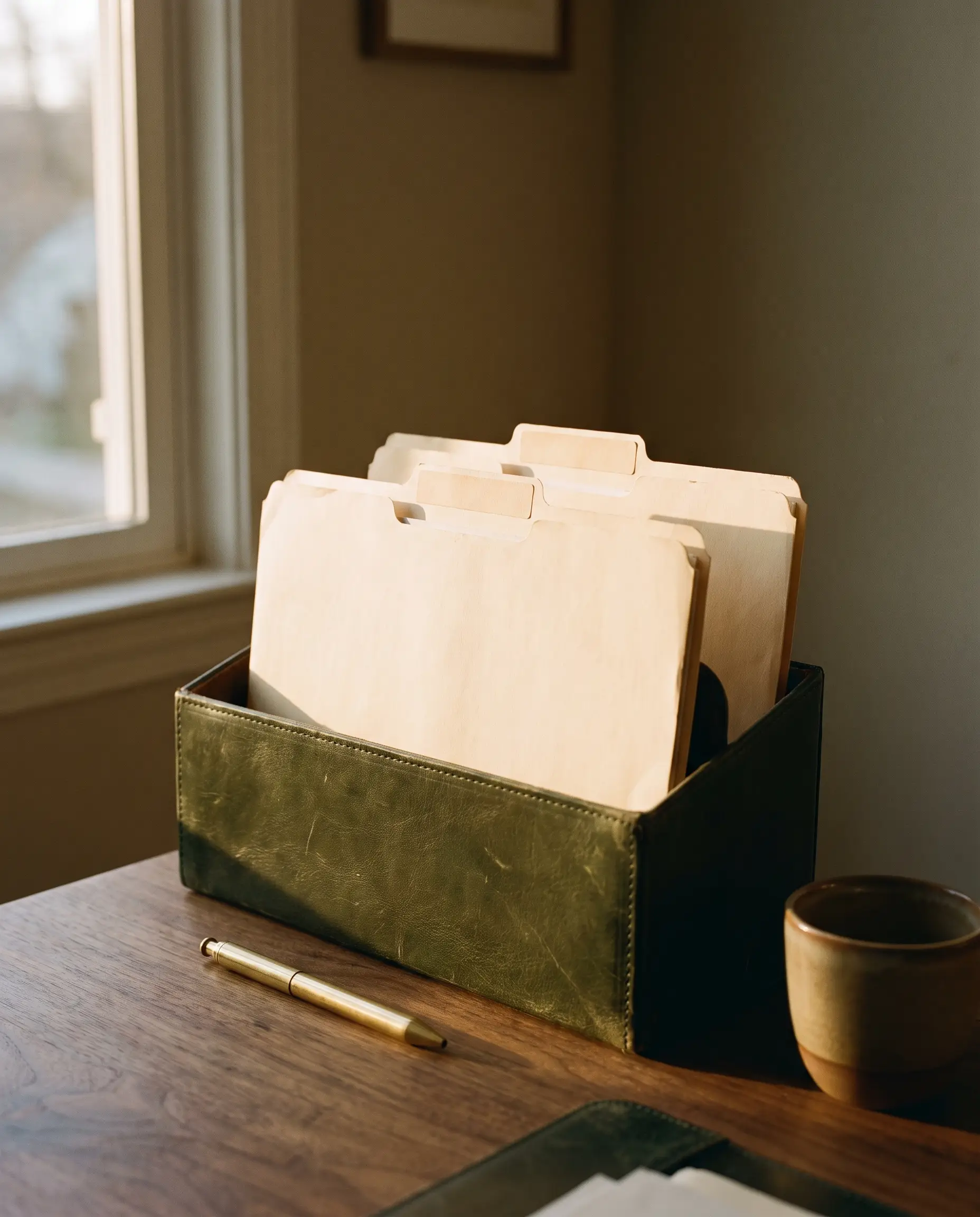 Three cream dossiers standing in a green leather desk organizer