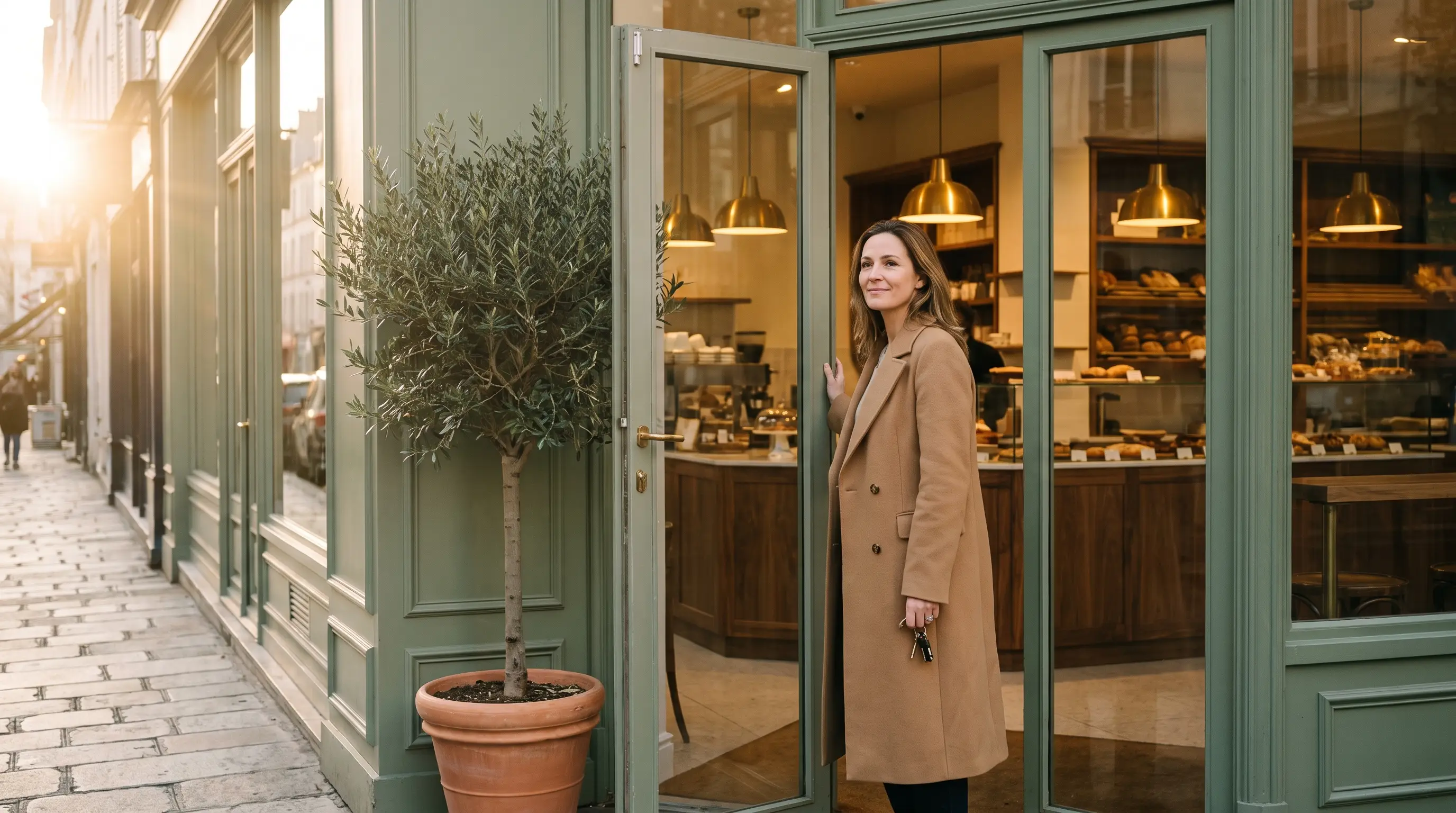A new owner standing in the doorway of her freshly opened storefront at golden hour