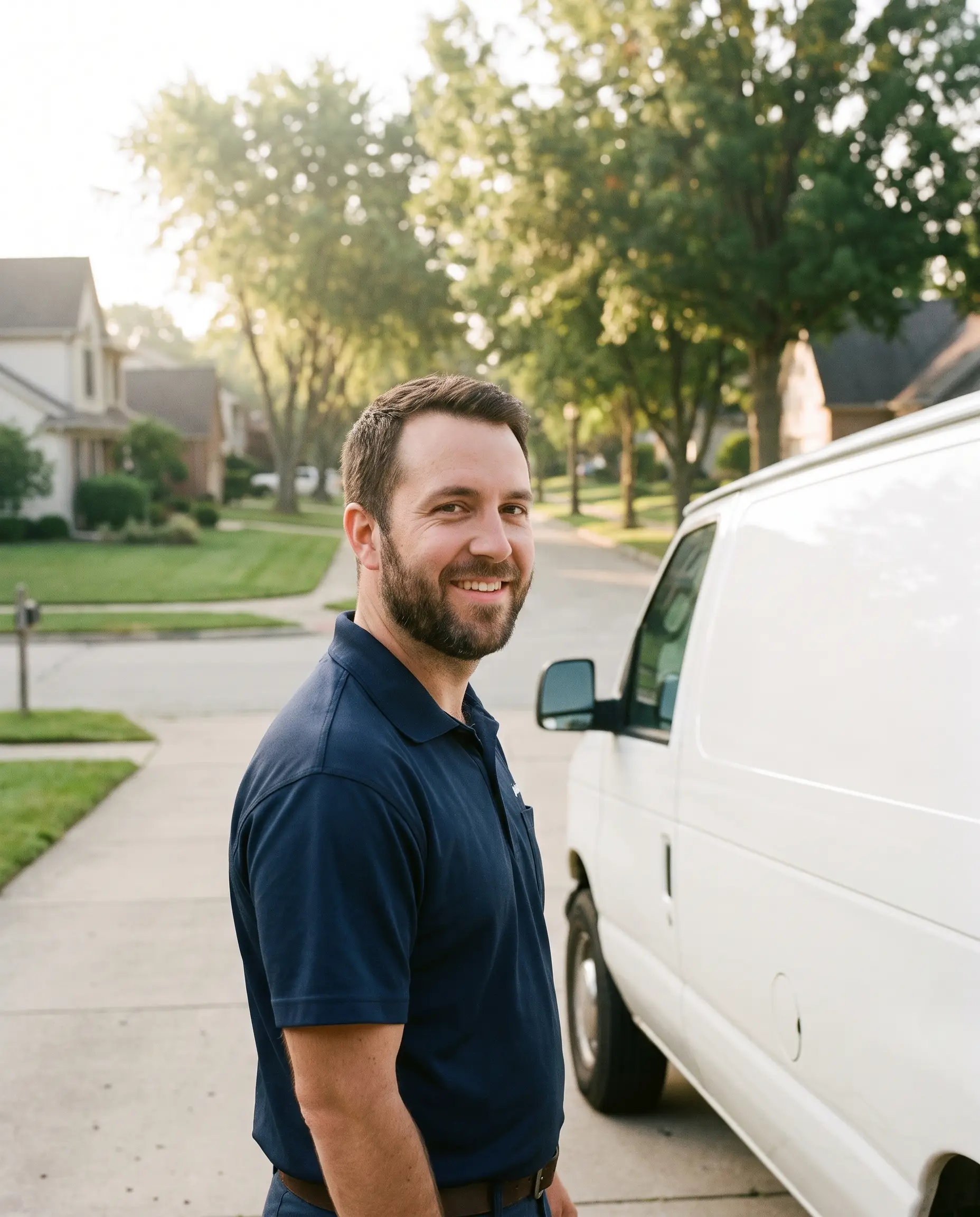 Marcus T. standing beside his service van in a suburban driveway