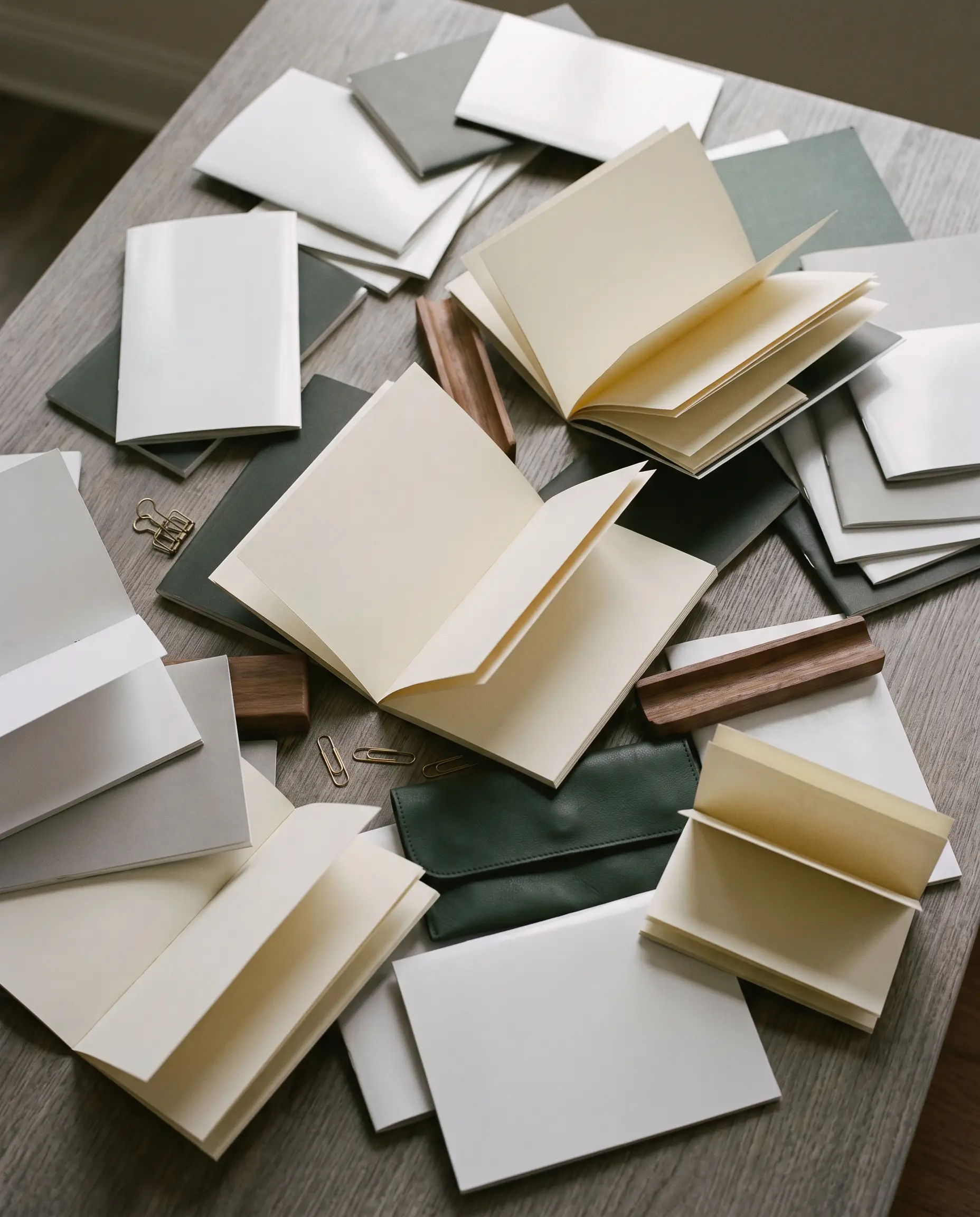 Dozens of glossy brochures scattered across a table